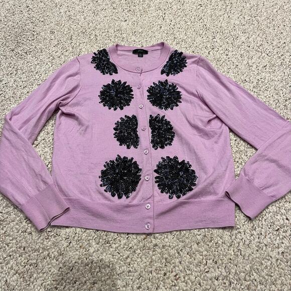 J Crew Jackie Sequin Flower Cardigan Sweater Sz XL 100% Merino Wool Preppy - Picture 1 of 9